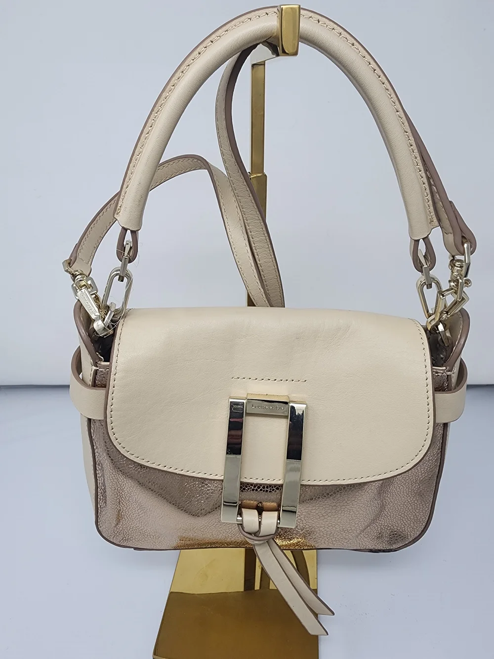 Cream and Taupe Leather Shoulder Bag with Gold Hardware